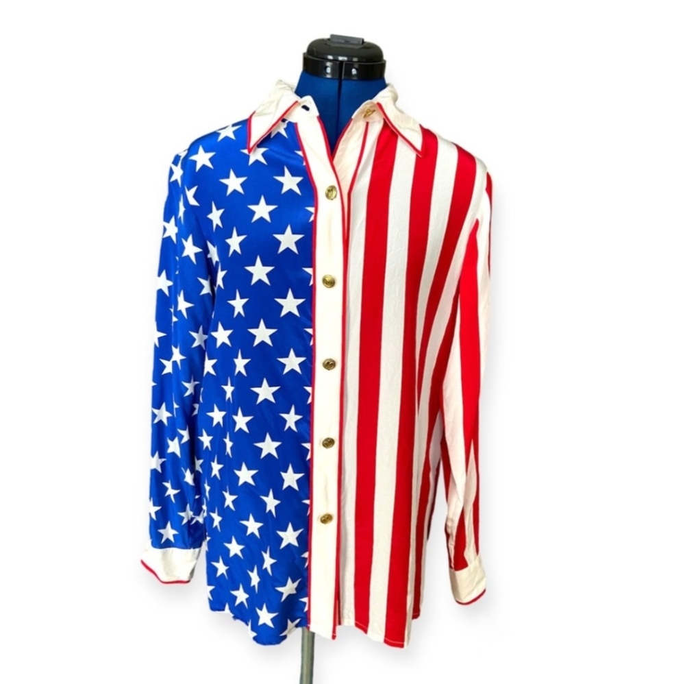 EUC | Bob Mackie | LS silk Blouse | Stars & Stripes  American Flag | Vintage